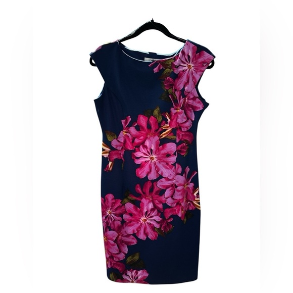 Blue Sheath Cocktail Dress with Pink Floral - Picture 1 of 6